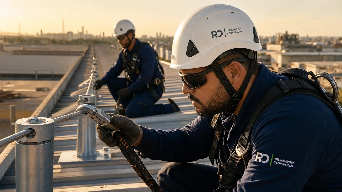 Técnicos da RD verificando linha de vida horizontal em cobertura industrial