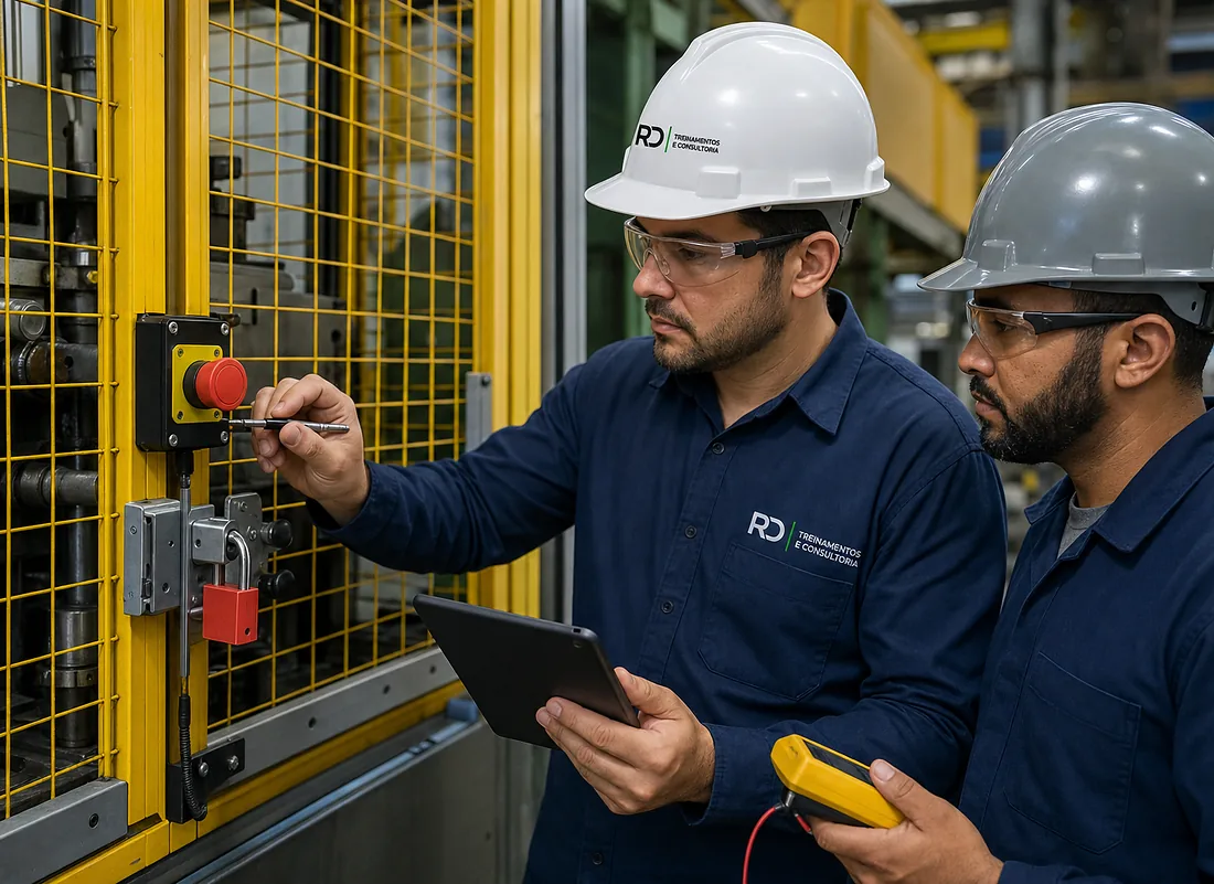 Equipe da RD verificando proteção e intertravamento de máquina NR-12