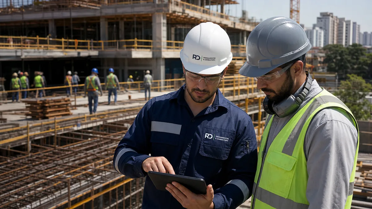 Inspetor da RD avaliando segurança em obra de construção civil