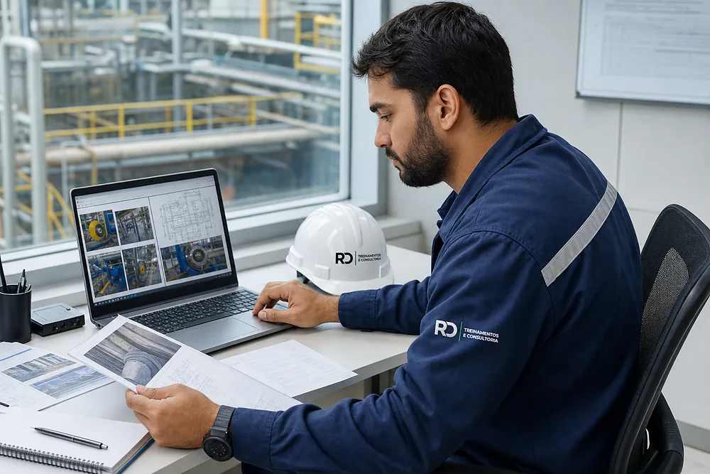 Engenheiro da RD organizando relatório, medições e registros técnicos