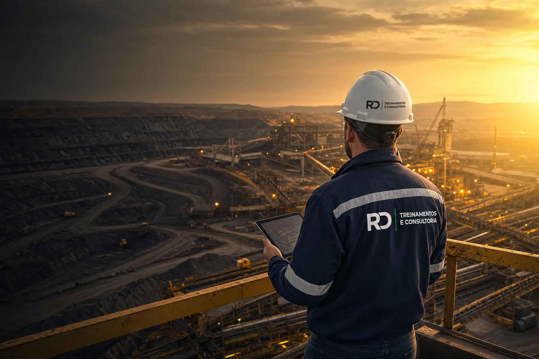 Engenheiro da RD acompanhando operação de mineração ao pôr do sol