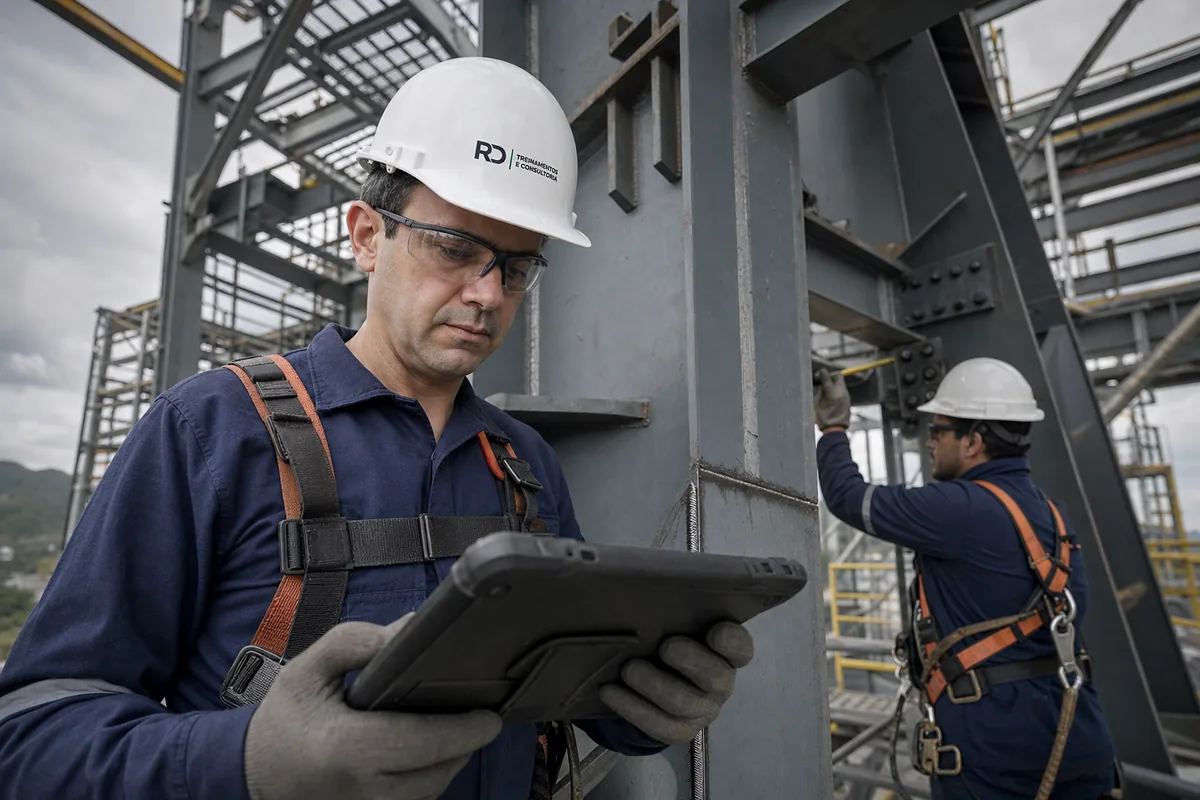 Engenheiro da RD inspecionando ligações de uma estrutura metálica